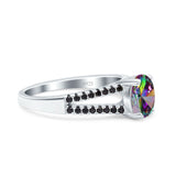 Split Shank Halo Oval Wedding Engagement Ring Round Black Simulated Cubic Zirconia 925 Sterling Silver