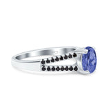 Split Shank Halo Oval Wedding Engagement Ring Round Black Simulated Cubic Zirconia 925 Sterling Silver