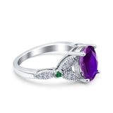 Oval Green Emerald Art Deco Wedding Engagement Bridal Ring Accent Vintage Round Simulated Cubic Zirconia 925 Sterling Silver