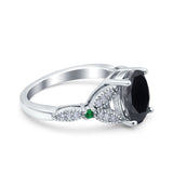 Oval Green Emerald Art Deco Wedding Engagement Bridal Ring Accent Vintage Round Simulated Cubic Zirconia 925 Sterling Silver