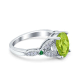 Oval Green Emerald Art Deco Wedding Engagement Bridal Ring Accent Vintage Round Simulated Cubic Zirconia 925 Sterling Silver