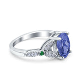 Oval Green Emerald Art Deco Wedding Engagement Bridal Ring Accent Vintage Round Simulated Cubic Zirconia 925 Sterling Silver