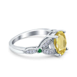Oval Green Emerald Art Deco Wedding Engagement Bridal Ring Accent Vintage Round Simulated Cubic Zirconia 925 Sterling Silver