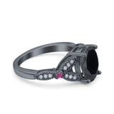 Oval Art Deco Wedding Engagement Bridal Ring Accent Vintage Round Simulated Ruby Cubic Zirconia 925 Sterling Silver