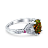 Oval Art Deco Wedding Engagement Bridal Ring Accent Vintage Round Simulated Ruby Cubic Zirconia 925 Sterling Silver