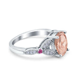Oval Art Deco Wedding Engagement Bridal Ring Accent Vintage Round Simulated Ruby Cubic Zirconia 925 Sterling Silver