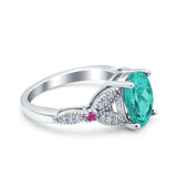 Oval Art Deco Wedding Engagement Bridal Ring Accent Vintage Round Simulated Ruby Cubic Zirconia 925 Sterling Silver