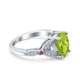 Oval Art Deco Wedding Engagement Bridal Ring Accent Vintage Round Simulated Ruby Cubic Zirconia 925 Sterling Silver