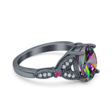 Oval Art Deco Wedding Engagement Bridal Ring Accent Vintage Round Simulated Ruby Cubic Zirconia 925 Sterling Silver