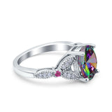 Oval Art Deco Wedding Engagement Bridal Ring Accent Vintage Round Simulated Ruby Cubic Zirconia 925 Sterling Silver