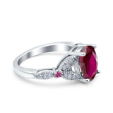 Oval Art Deco Wedding Engagement Bridal Ring Accent Vintage Round Simulated Ruby Cubic Zirconia 925 Sterling Silver