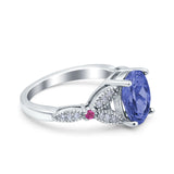 Oval Art Deco Wedding Engagement Bridal Ring Accent Vintage Round Simulated Ruby Cubic Zirconia 925 Sterling Silver