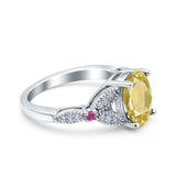 Oval Art Deco Wedding Engagement Bridal Ring Accent Vintage Round Simulated Ruby Cubic Zirconia 925 Sterling Silver