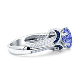 Halo Oval Wedding Engagement Ring Blue Sapphire Round Simulated Cubic Zirconia 925 Sterling Silver