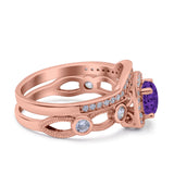 Two Piece Art Deco Wedding Engagement Bridal Set Ring Band Round Simulated Cubic Zirconia 925 Sterling Silver