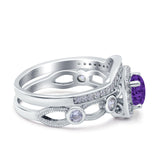 Two Piece Art Deco Wedding Engagement Bridal Set Ring Band Round Simulated Cubic Zirconia 925 Sterling Silver