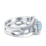 Two Piece Art Deco Wedding Engagement Bridal Set Ring Band Round Simulated Cubic Zirconia 925 Sterling Silver