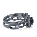 Two Piece Art Deco Wedding Engagement Bridal Set Ring Band Round Simulated Cubic Zirconia 925 Sterling Silver