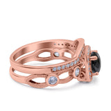 Two Piece Art Deco Wedding Engagement Bridal Set Ring Band Round Simulated Cubic Zirconia 925 Sterling Silver