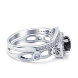 Two Piece Art Deco Wedding Engagement Bridal Set Ring Band Round Simulated Cubic Zirconia 925 Sterling Silver