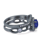 Two Piece Art Deco Wedding Engagement Bridal Set Ring Band Round Simulated Cubic Zirconia 925 Sterling Silver