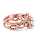 Two Piece Art Deco Wedding Engagement Bridal Set Ring Band Round Simulated Cubic Zirconia 925 Sterling Silver