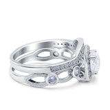 Two Piece Art Deco Wedding Engagement Bridal Set Ring Band Round Simulated Cubic Zirconia 925 Sterling Silver