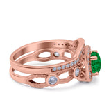 Two Piece Art Deco Wedding Engagement Bridal Set Ring Band Round Simulated Cubic Zirconia 925 Sterling Silver