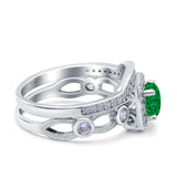 Two Piece Art Deco Wedding Engagement Bridal Set Ring Band Round Simulated Cubic Zirconia 925 Sterling Silver