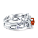 Two Piece Art Deco Wedding Engagement Bridal Set Ring Band Round Simulated Cubic Zirconia 925 Sterling Silver