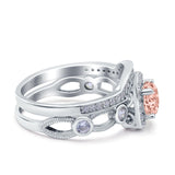 Two Piece Art Deco Wedding Engagement Bridal Set Ring Band Round Simulated Cubic Zirconia 925 Sterling Silver