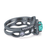 Two Piece Art Deco Wedding Engagement Bridal Set Ring Band Round Simulated Cubic Zirconia 925 Sterling Silver