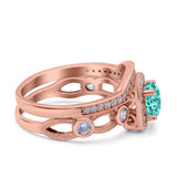 Two Piece Art Deco Wedding Engagement Bridal Set Ring Band Round Simulated Cubic Zirconia 925 Sterling Silver