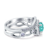 Two Piece Art Deco Wedding Engagement Bridal Set Ring Band Round Simulated Cubic Zirconia 925 Sterling Silver