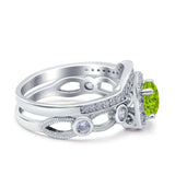 Two Piece Art Deco Wedding Engagement Bridal Set Ring Band Round Simulated Cubic Zirconia 925 Sterling Silver
