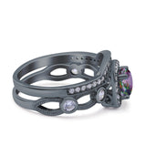 Two Piece Art Deco Wedding Engagement Bridal Set Ring Band Round Simulated Cubic Zirconia 925 Sterling Silver