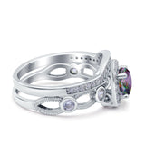Two Piece Art Deco Wedding Engagement Bridal Set Ring Band Round Simulated Cubic Zirconia 925 Sterling Silver