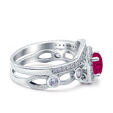 Two Piece Art Deco Wedding Engagement Bridal Set Ring Band Round Simulated Cubic Zirconia 925 Sterling Silver
