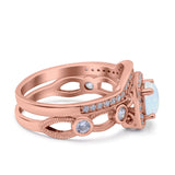 Two Piece Art Deco Wedding Engagement Bridal Set Ring Band Round Simulated Cubic Zirconia 925 Sterling Silver