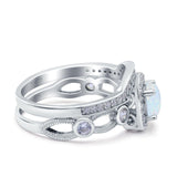 Two Piece Art Deco Wedding Engagement Bridal Set Ring Band Round Simulated Cubic Zirconia 925 Sterling Silver