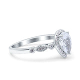 Halo Pear Shape Wedding Engagement Ring Round Simulated Cubic Zirconia 925 Sterling Silver