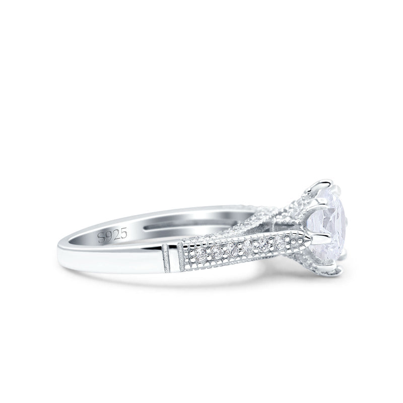 Art Deco Round Simulated CZ Engagement Ring in 925 Sterling Silver