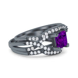 Three Piece Infinity Shank Cushion Cut Art Deco Halo Engagement Ring Round Simulated Cubic Zirconia 925 Sterling Silver