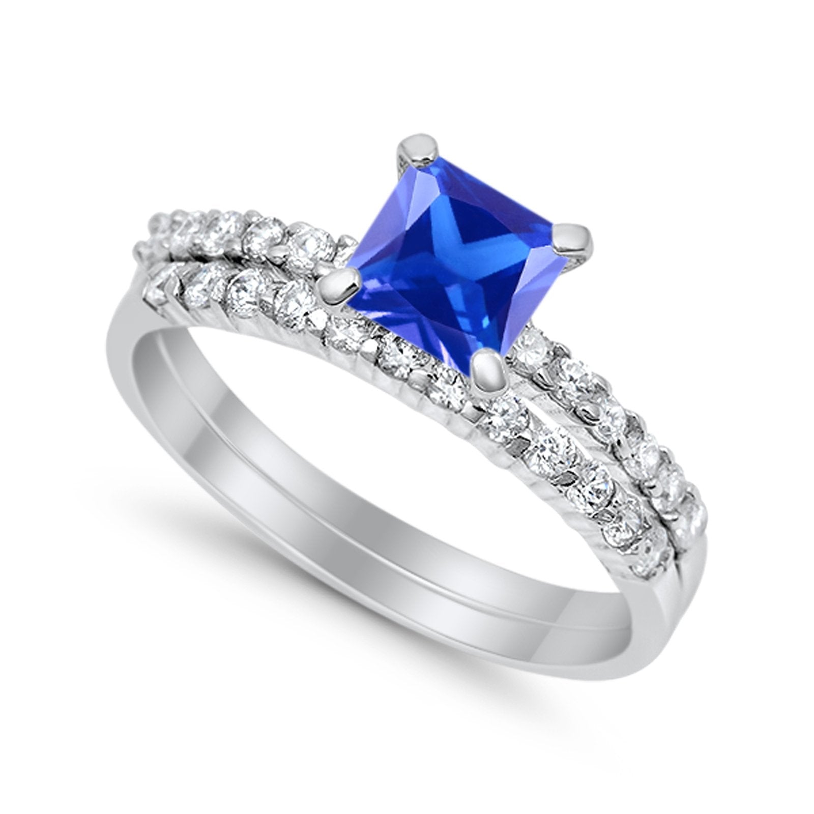 Bridal Set Princess Cut Simulated Cubic Zirconia 925 Sterling Silver Engagement Ring