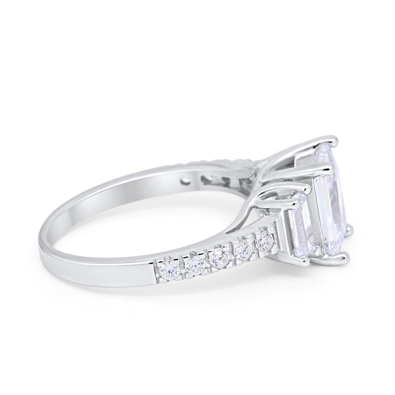 Emerald Cut Engagement Ring Round Simulated Cubic Zirconia 925 Sterling Silver