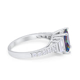 Emerald Cut Engagement Ring Round Simulated Cubic Zirconia 925 Sterling Silver