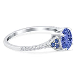 Art Deco Wedding Engagement Bridal Ring Round Simulated Blue Sapphire Cubic Zirconia 925 Sterling Silver