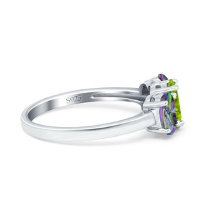 Three Stone Engagement Ring Oval Cut Rainbow Simulated Cubic Zirconia 925 Sterling Silver