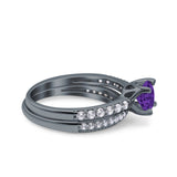 Art Deco Two Piece Wedding Bridal Ring Band Round Simulated Cubic Zirconia 925 Sterling Silver