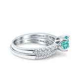 Art Deco Two Piece Wedding Bridal Ring Band Round Simulated Cubic Zirconia 925 Sterling Silver
